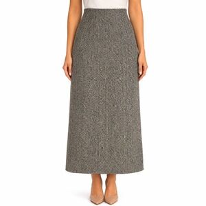 Talbots Herringbone Straight Midi Skirt Black White Wool Silk Cashmere Sz 8 USA